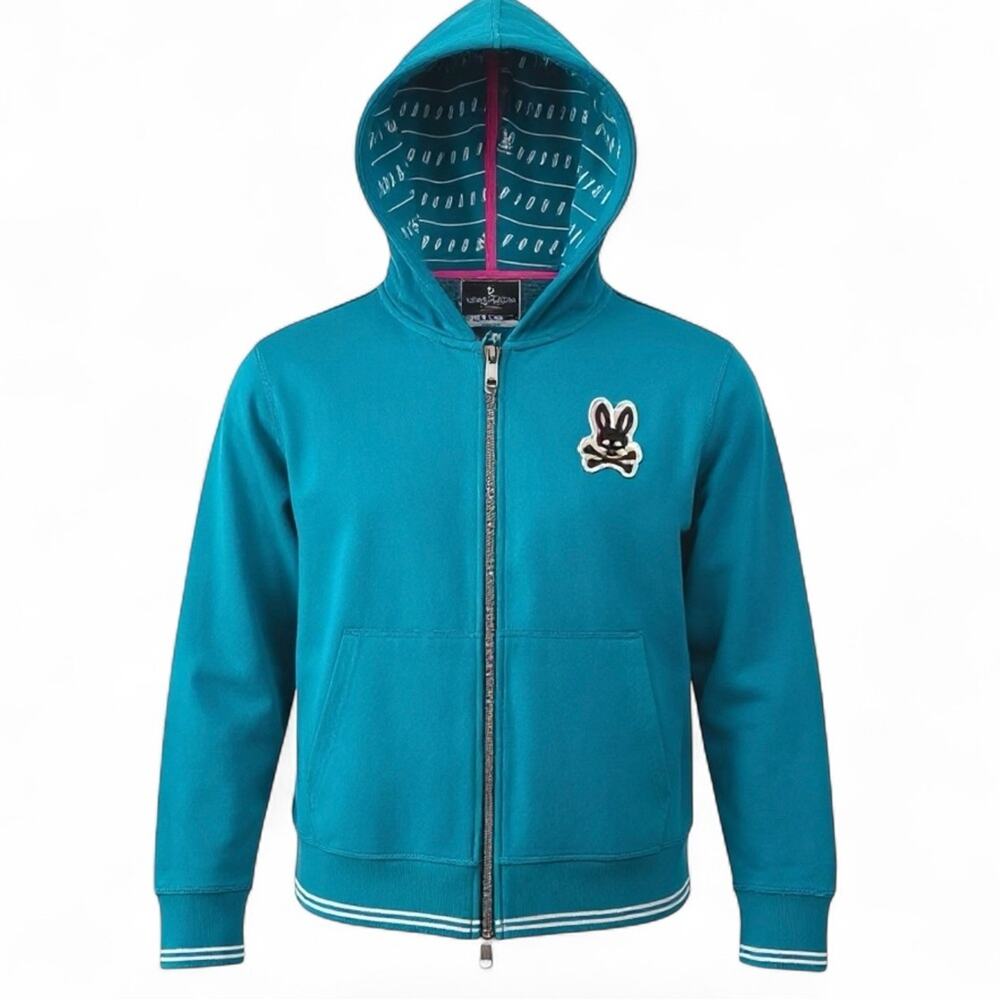 Psycho Bunny Teal Zip Up Hoodie Youth L Large 14 16 Kids Skull Crossbones Logo